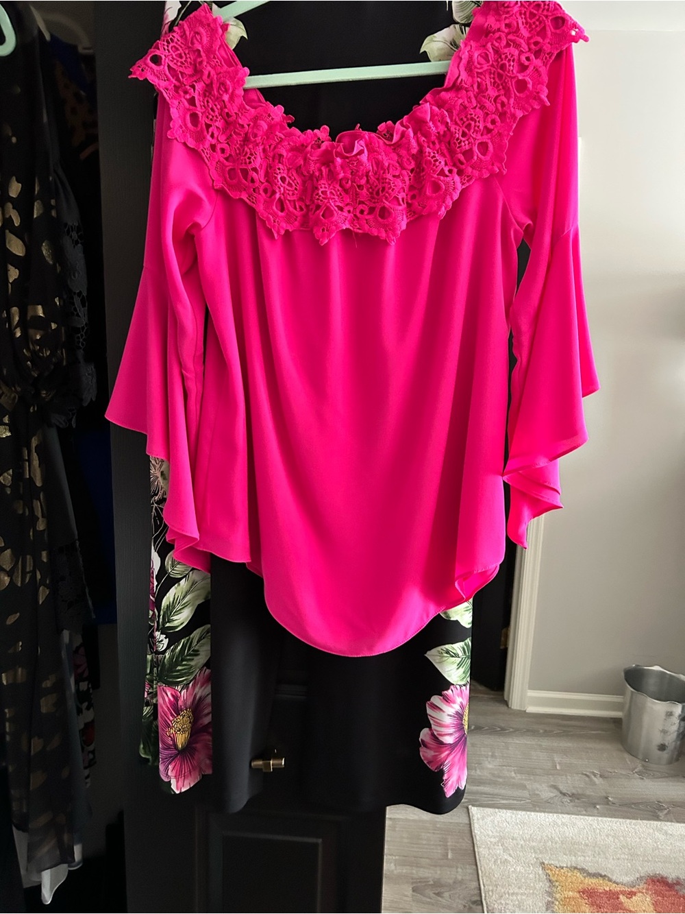 Joseph Ribkoff Vibrant Hot Pink Lace-Trim Off-Shoulder Blouse